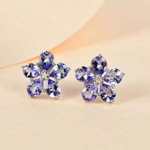 Tanzanite, Diamond Floral Stu’s Earrings in Platinum over Sterling Silver.